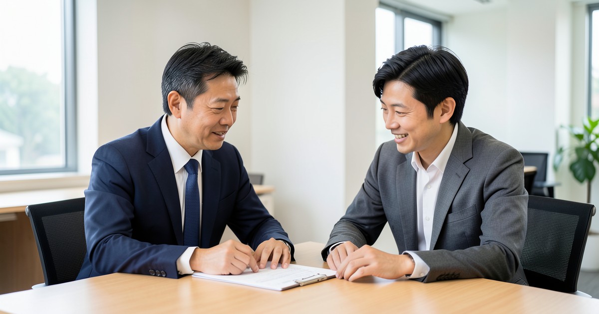 育成就労制度の導入に向け、企業担当者と外国人労働者が建設的に話し合っている様子。