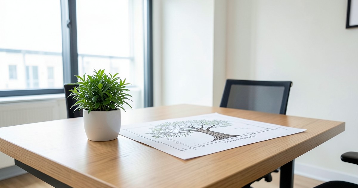 成長をイメージする植物と、企業の計画を象徴する設計図が置かれたオフィス風景。