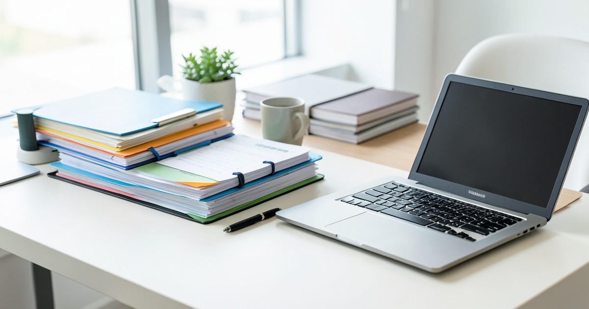 整理された書類とノートPCが置かれた、人財開発や事務作業を想起させるオフィスデスクの風景