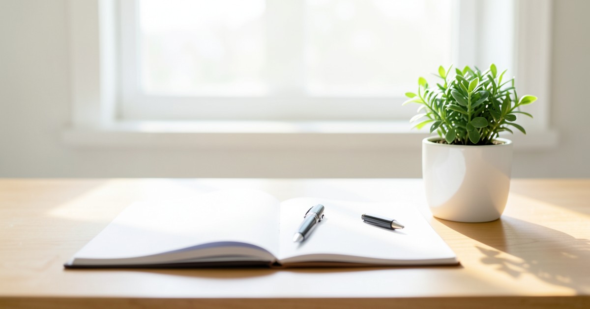 ノートとペン、そして小さな植物が置かれた明るい机の風景
