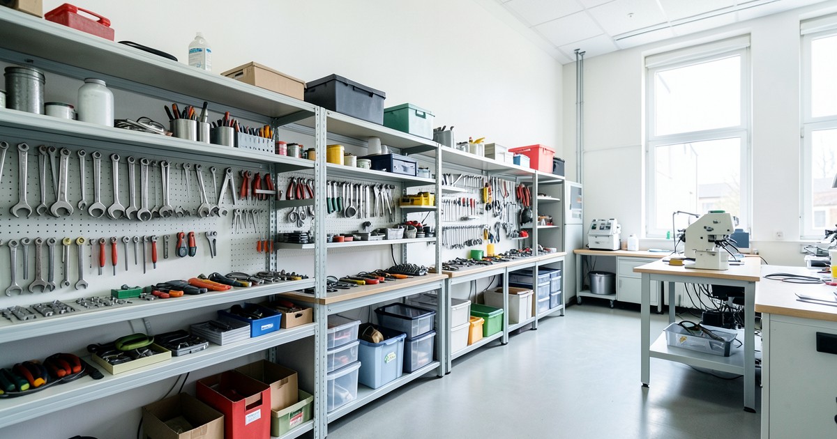 整理整頓された工業用の研修施設や工具の風景