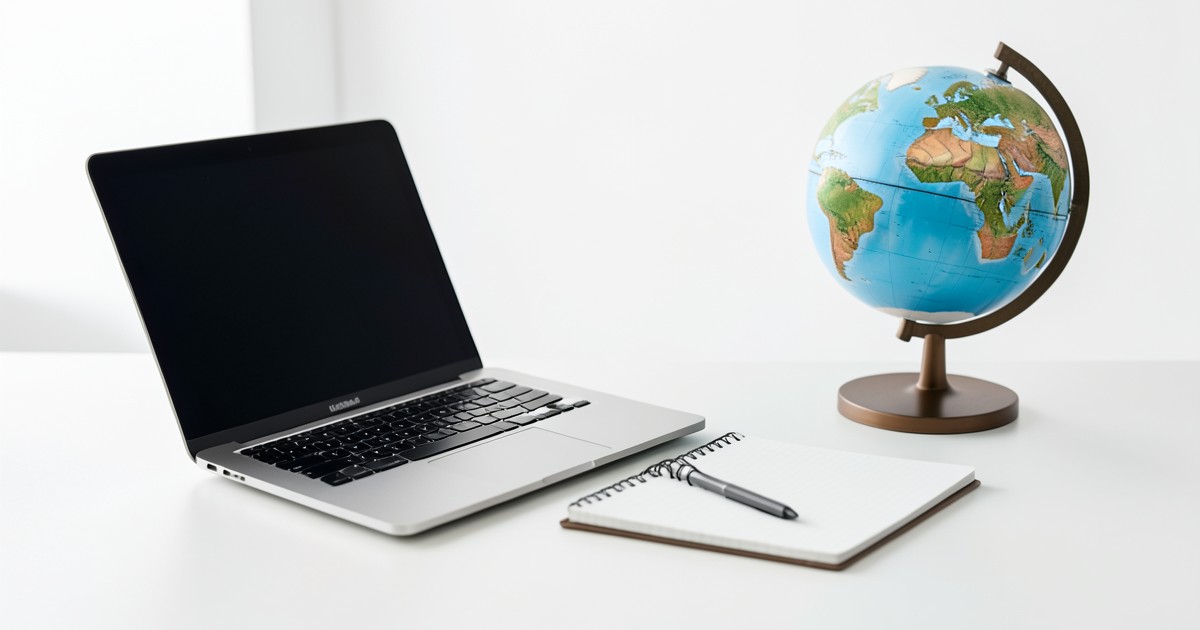 グローバルな人材開発と国際協力のイメージを示す、ノートPCと地球儀の置かれた整然としたデスク.