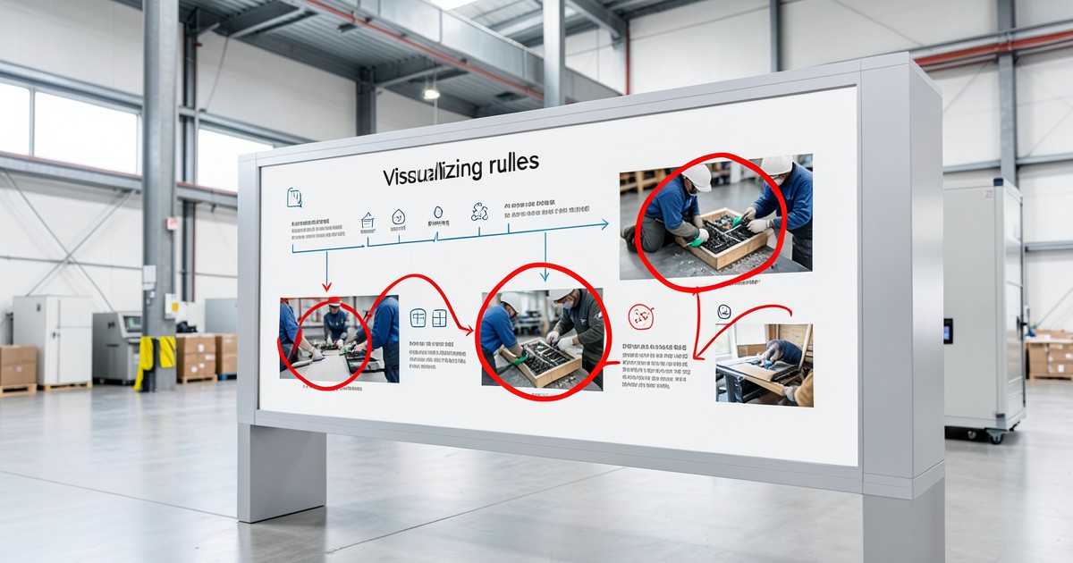 指示内容を視覚的に示した、写真や図解を用いた業務マニュアルの掲示ボード