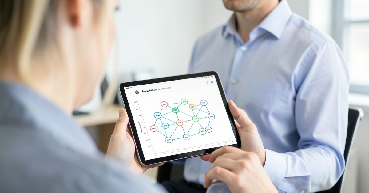 タブレットで事業の成長計画とキャリアパスを確認するビジネスパーソンの姿