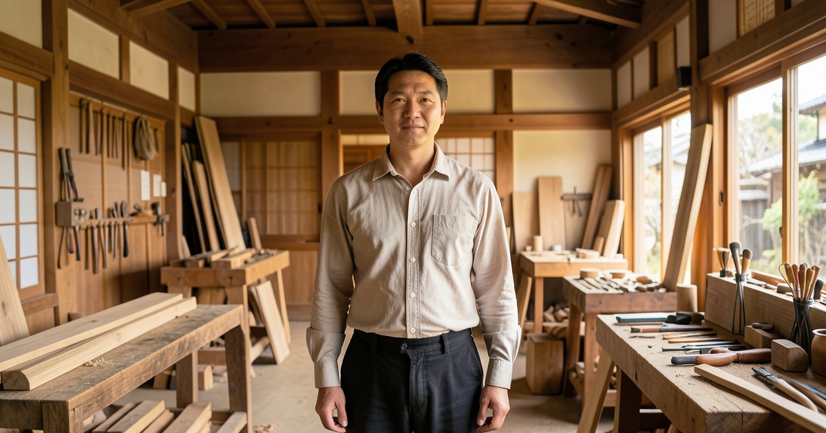 日本の伝統的な職人の作業場と工具が並ぶ風景