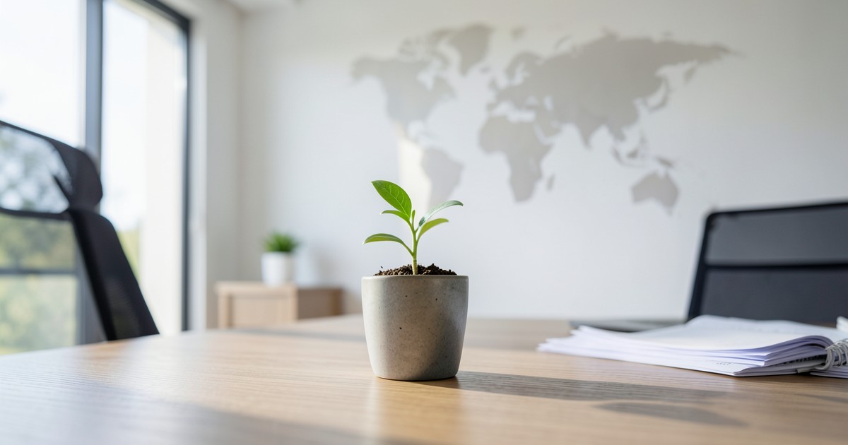 人材の育成と成長を象徴する芽と、グローバルな視点を示す地図が置かれたオフィス風景