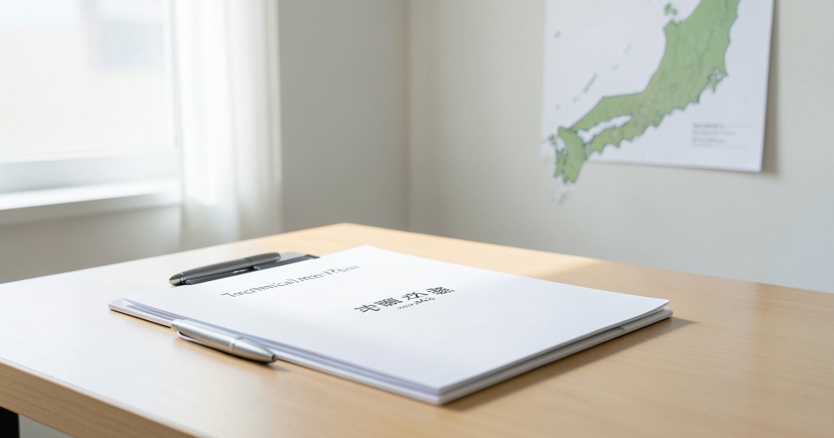 技能実習計画の書類と日本地図があるオフィスデスクの風景